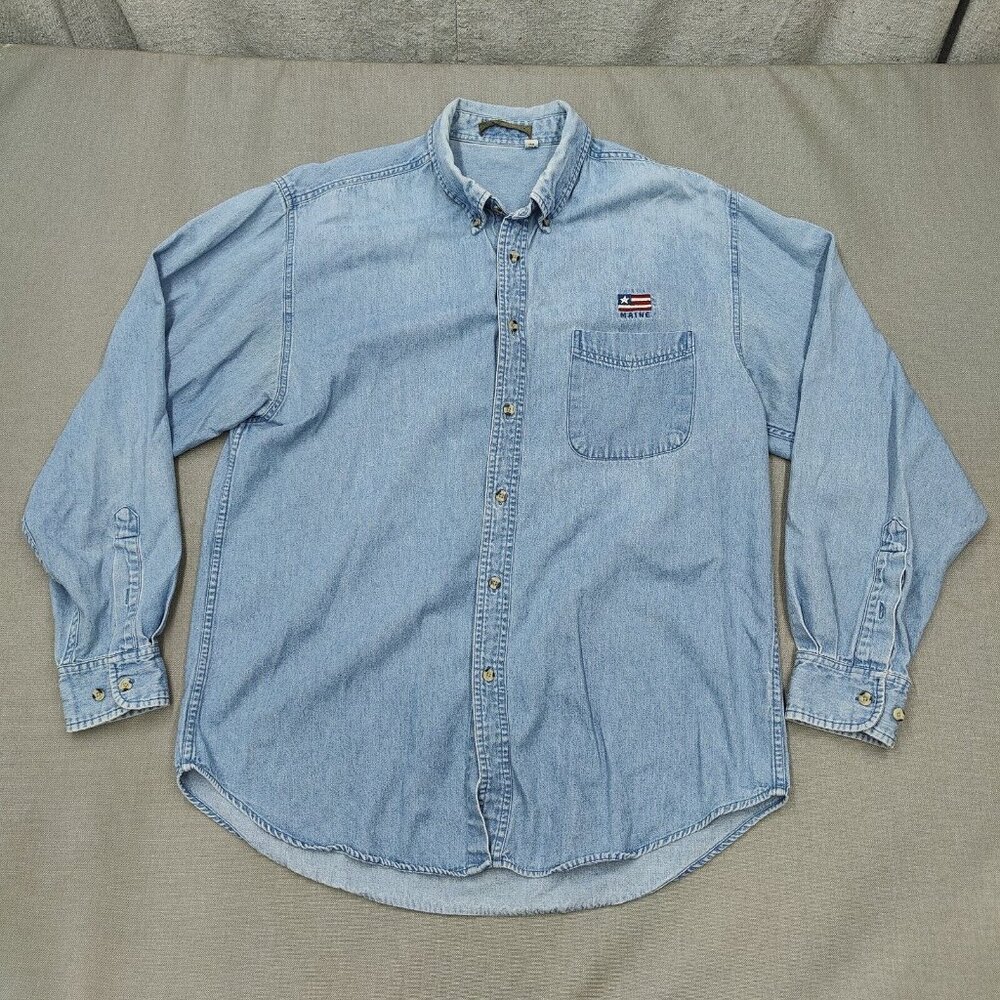 Vtg Denim Work Shirt Mens Large Embroided Maine Flag Chore Gorp Normcore
